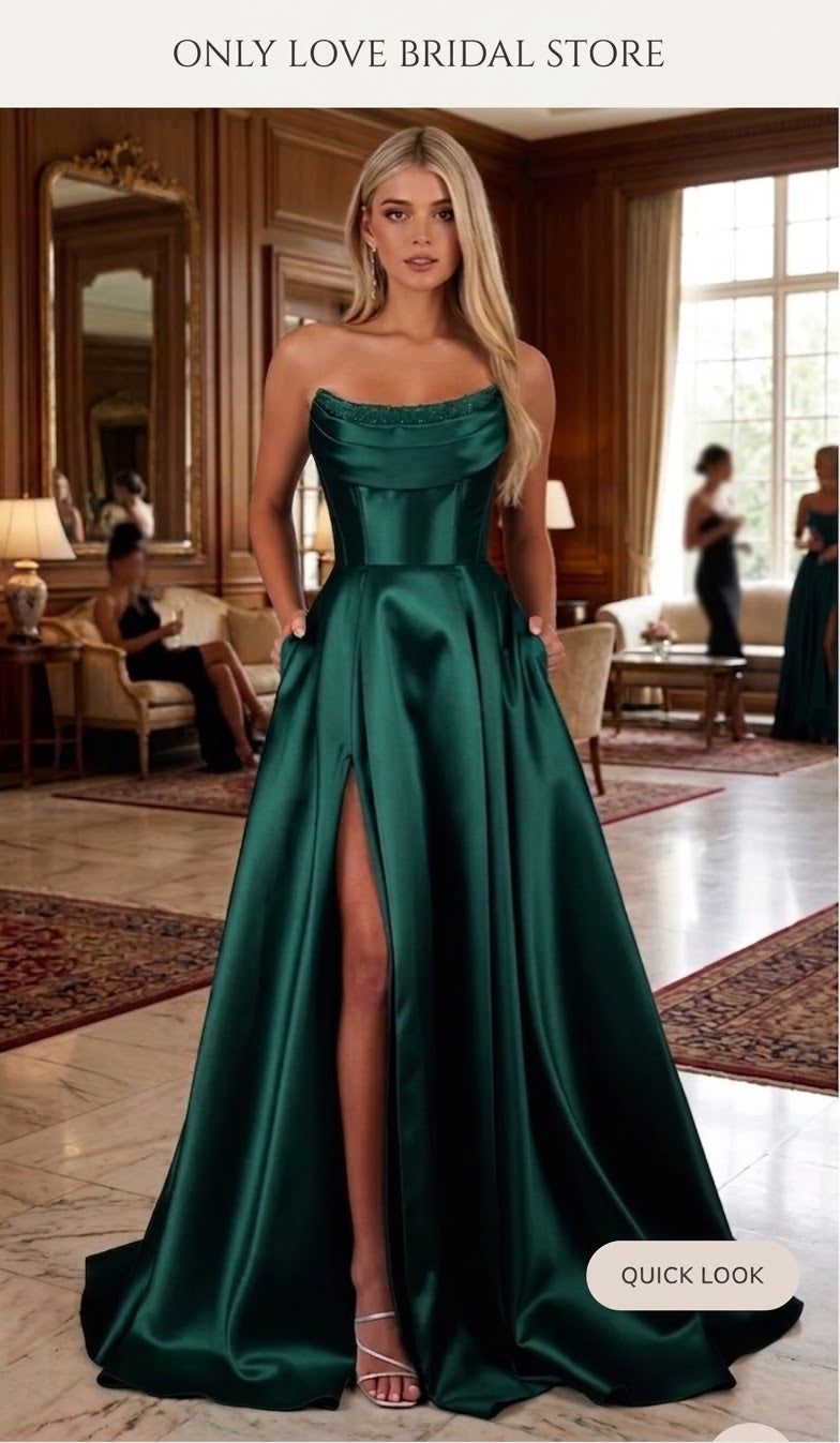Strapless Satin Gown with Corset & High Split