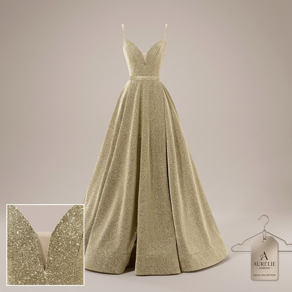 Glitter Deep V-Neck Formal Gown with Thigh-High Slit