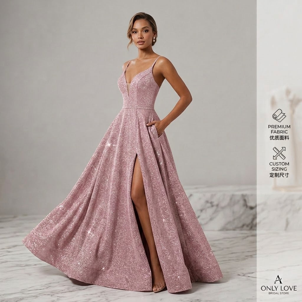 Glitter Deep V-Neck Formal Gown with Thigh-High Slit