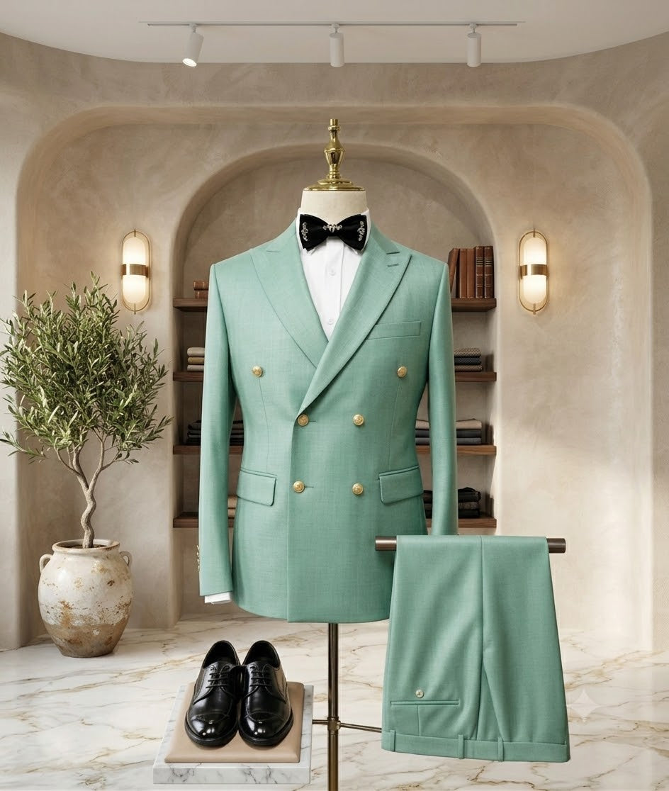 Modern Sage Green Slim-Fit Double-Breasted Suit | Groom & Formal Wear
