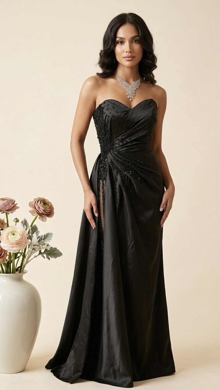 Noir Elegance Sweetheart Satin Mermaid Formal Dress with Sunburst Crystal Embellishment