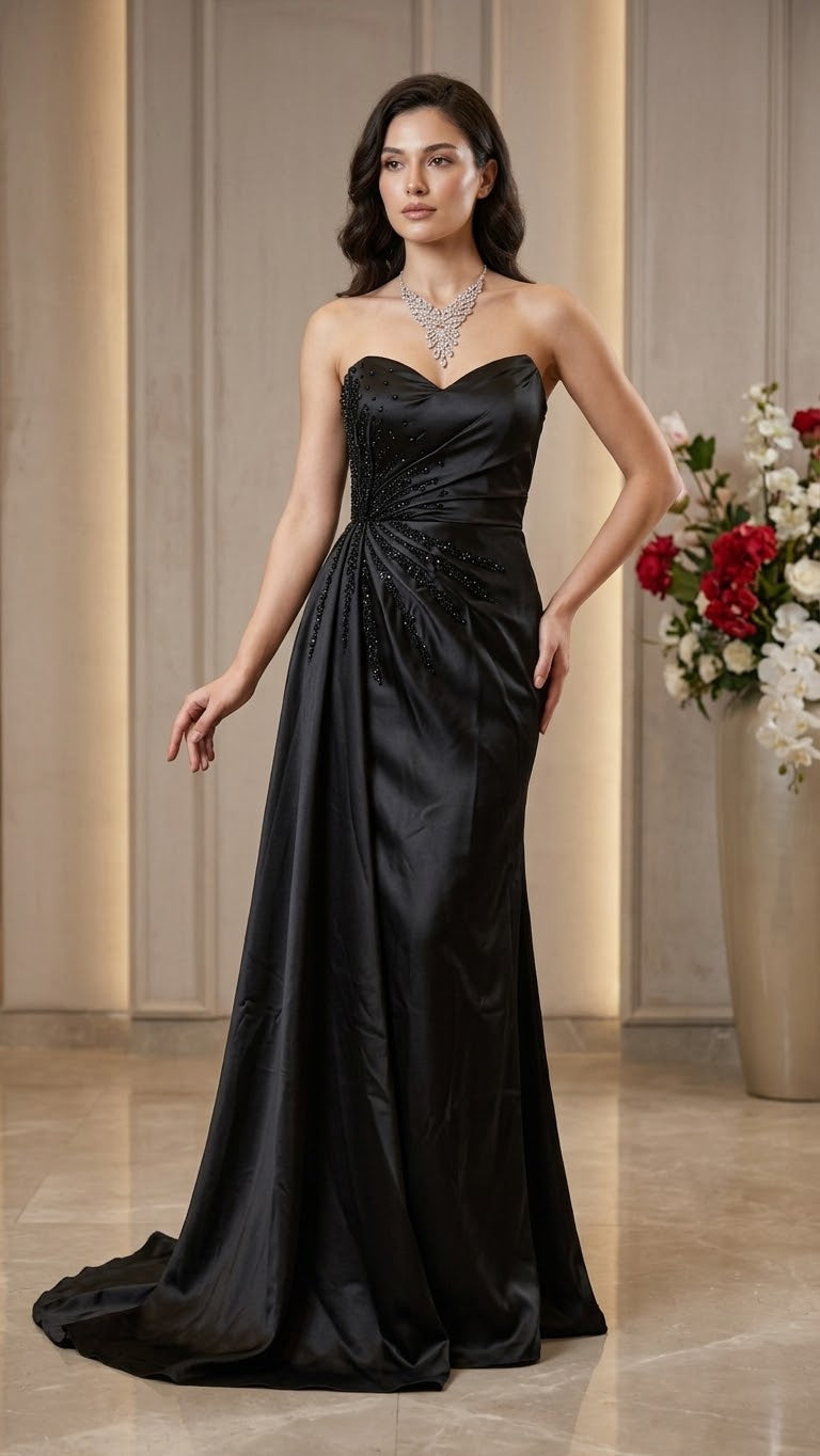 Noir Elegance Sweetheart Satin Mermaid Formal Dress with Sunburst Crystal Embellishment