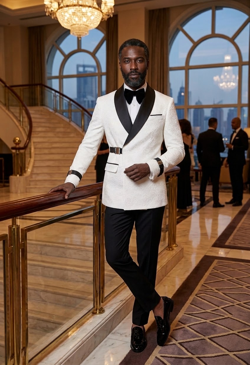 Modern Jacquard Tuxedo Suit in Ivory & Black | Asymmetric Side-Buckle Dinner Jacket & Trousers