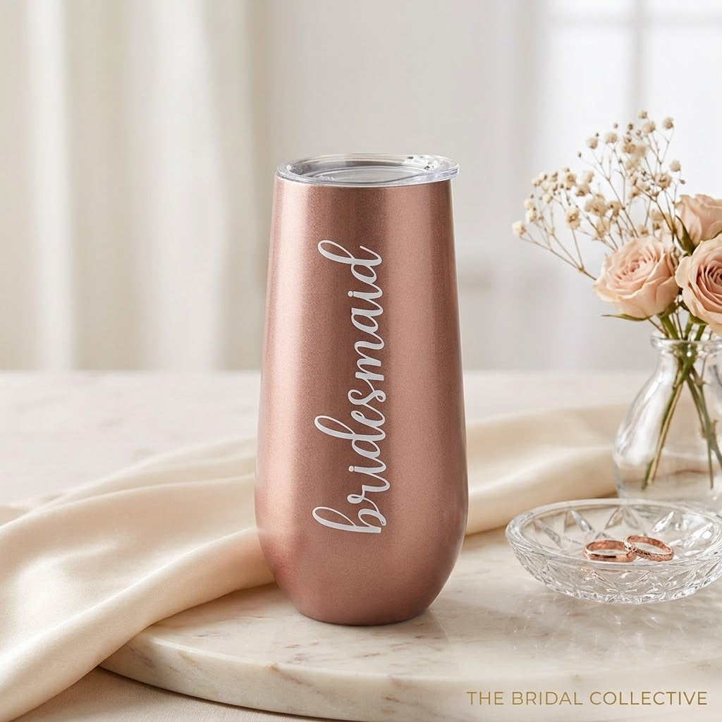 Personalized champagne bridesmaid accompanying glass