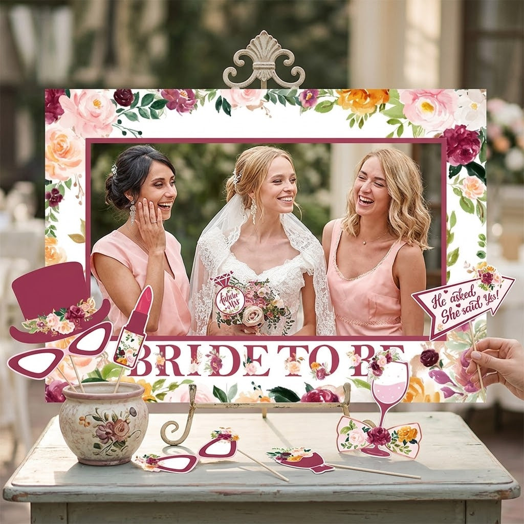 Rose Gold Bachelorette & Bridal Shower Photo Booth Props Kit (24 Pcs + Frame)