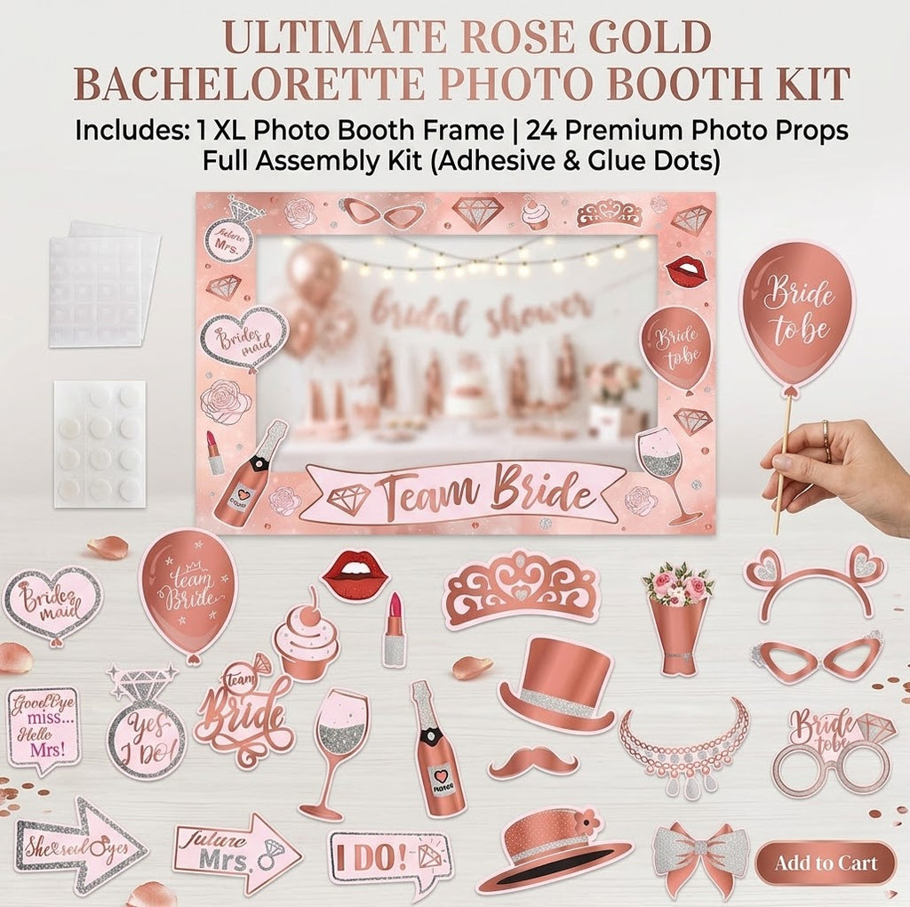Rose Gold Bachelorette & Bridal Shower Photo Booth Props Kit (24 Pcs + Frame)