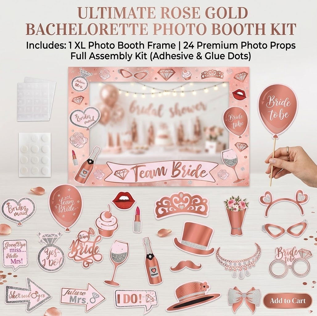 Rose Gold Bachelorette & Bridal Shower Photo Booth Props Kit (24 Pcs + Frame)