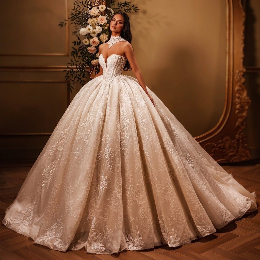 Vintage Baroque Sparkle Lace Ball Gown Bridal Dress