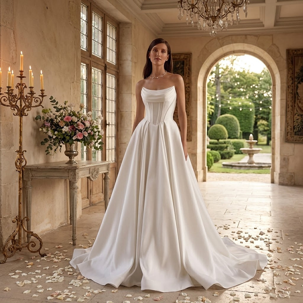 Modern Corset Satin A-Line Wedding Gown with Sweep Train