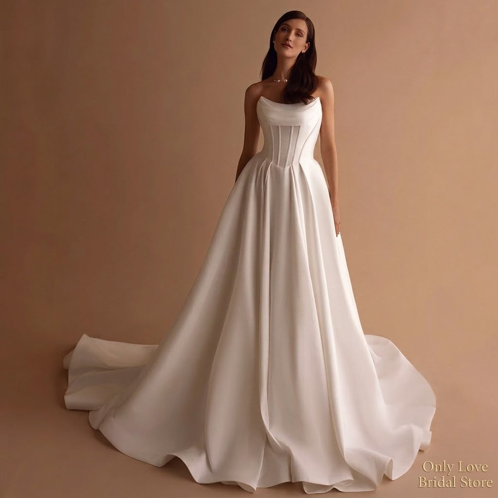 Modern Corset Satin A-Line Wedding Gown with Sweep Train
