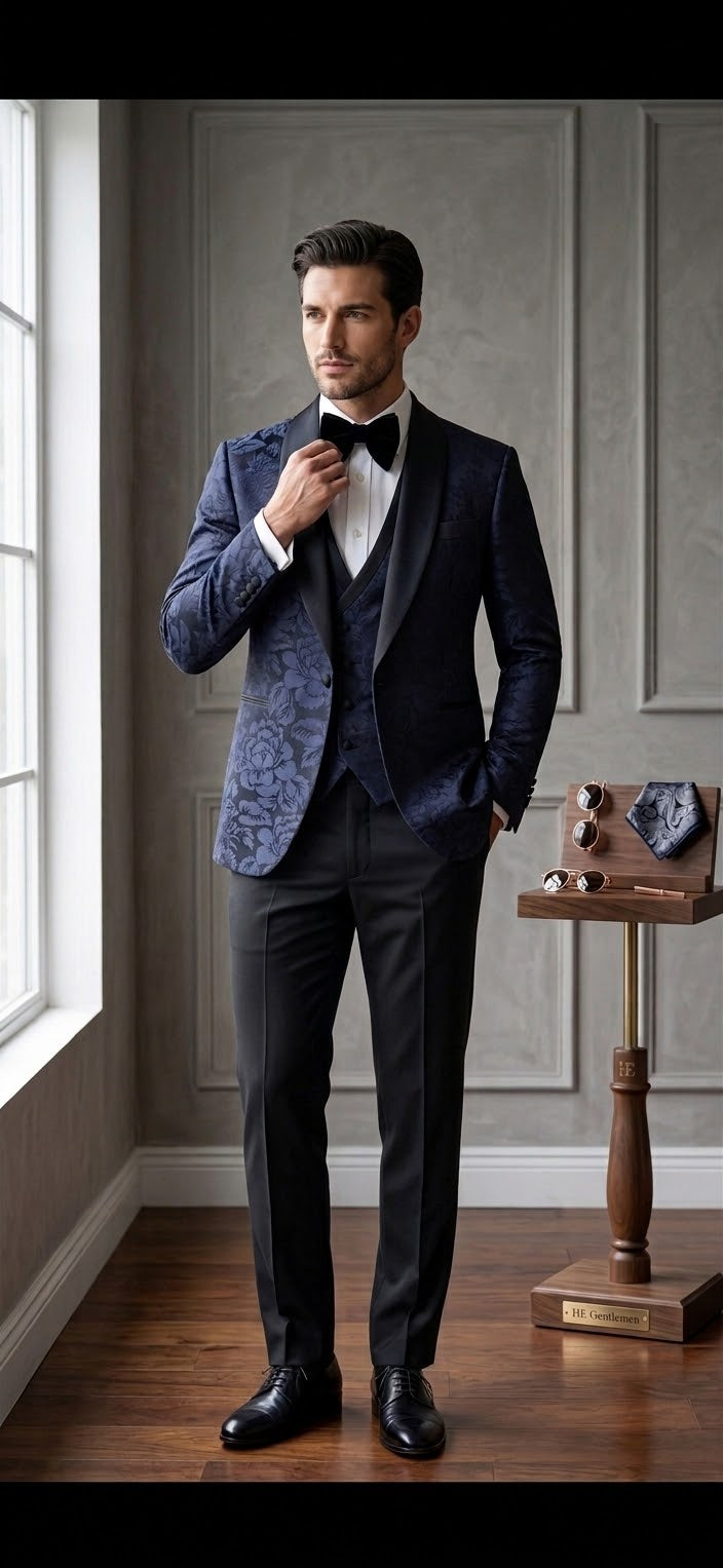 Midnight Navy Floral Jacquard 3-Piece Tuxedo Suit