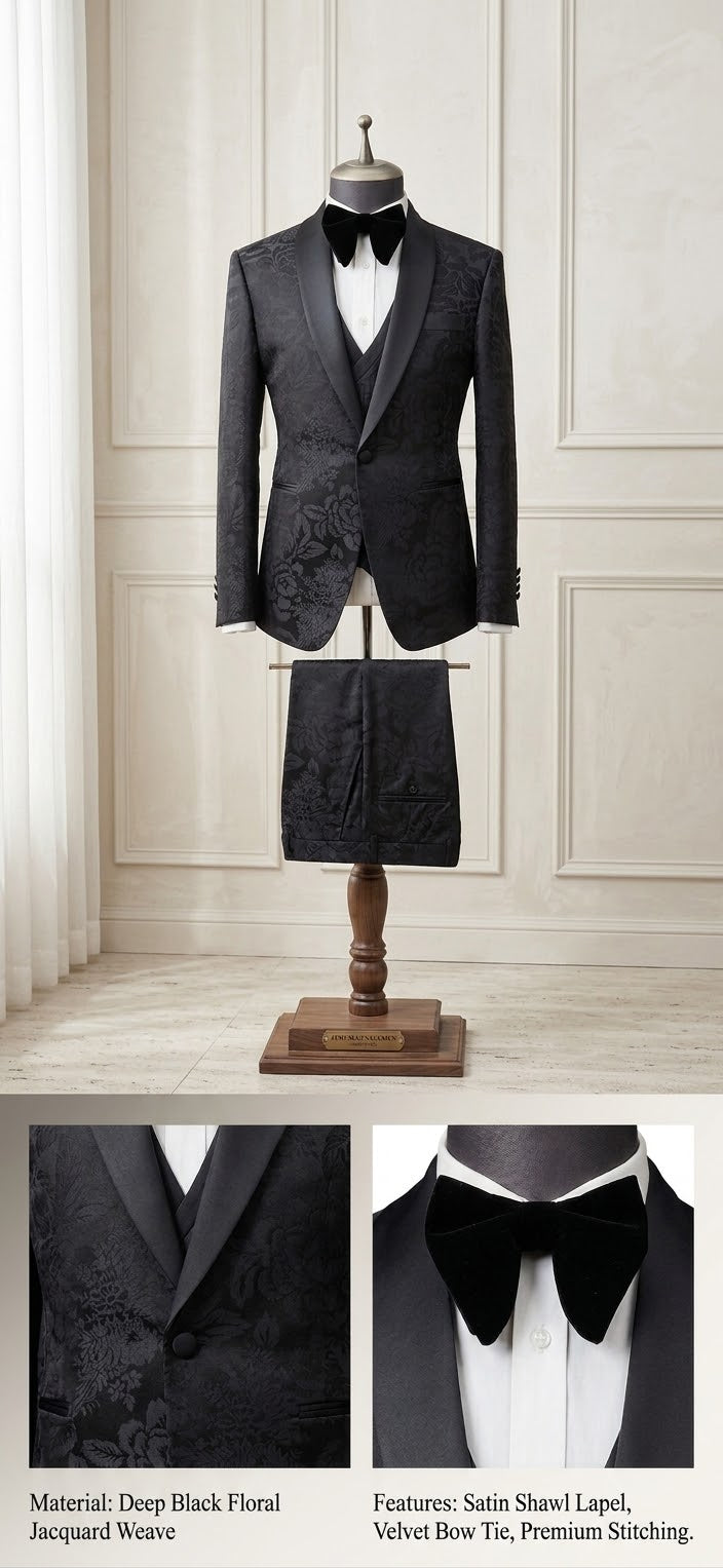 Midnight Navy Floral Jacquard 3-Piece Tuxedo Suit