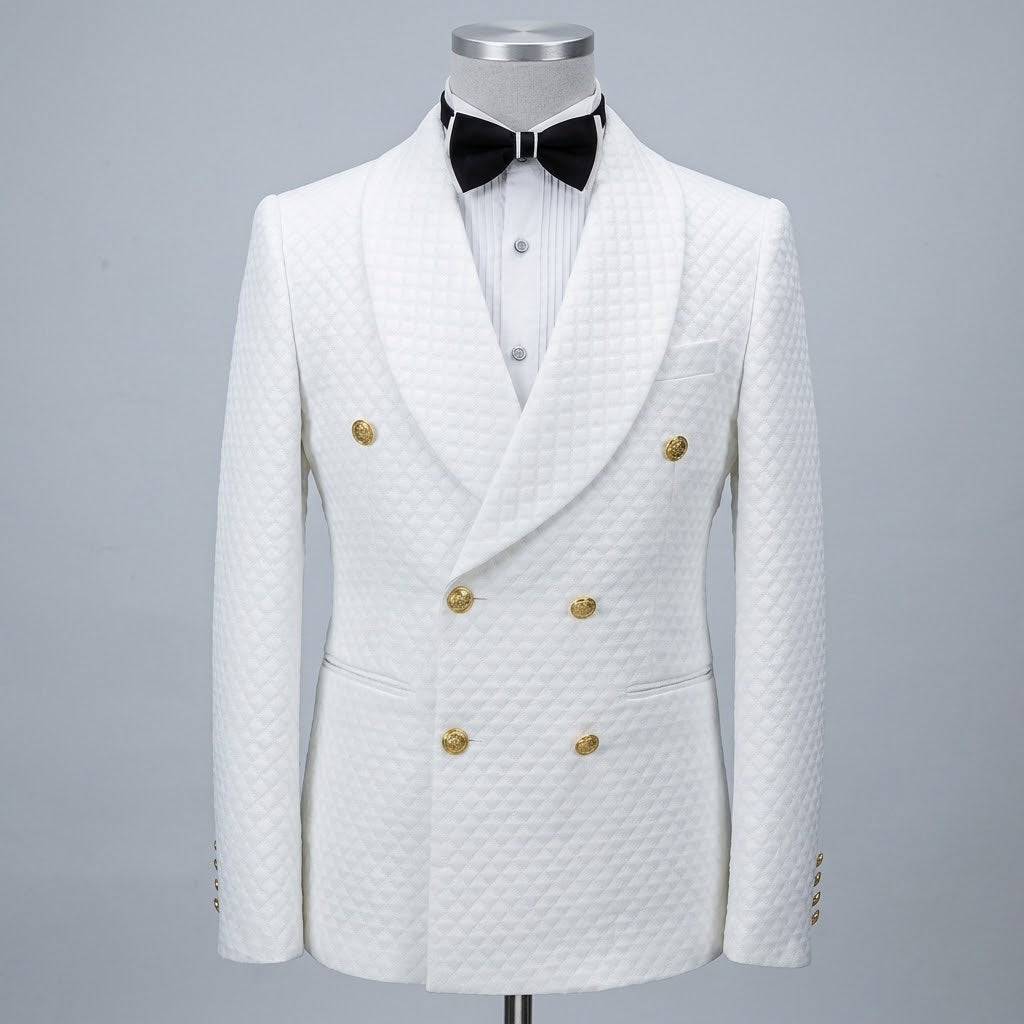 Elegant White Diamond-Jacquard Double-Breasted 2 pieces suit for Men