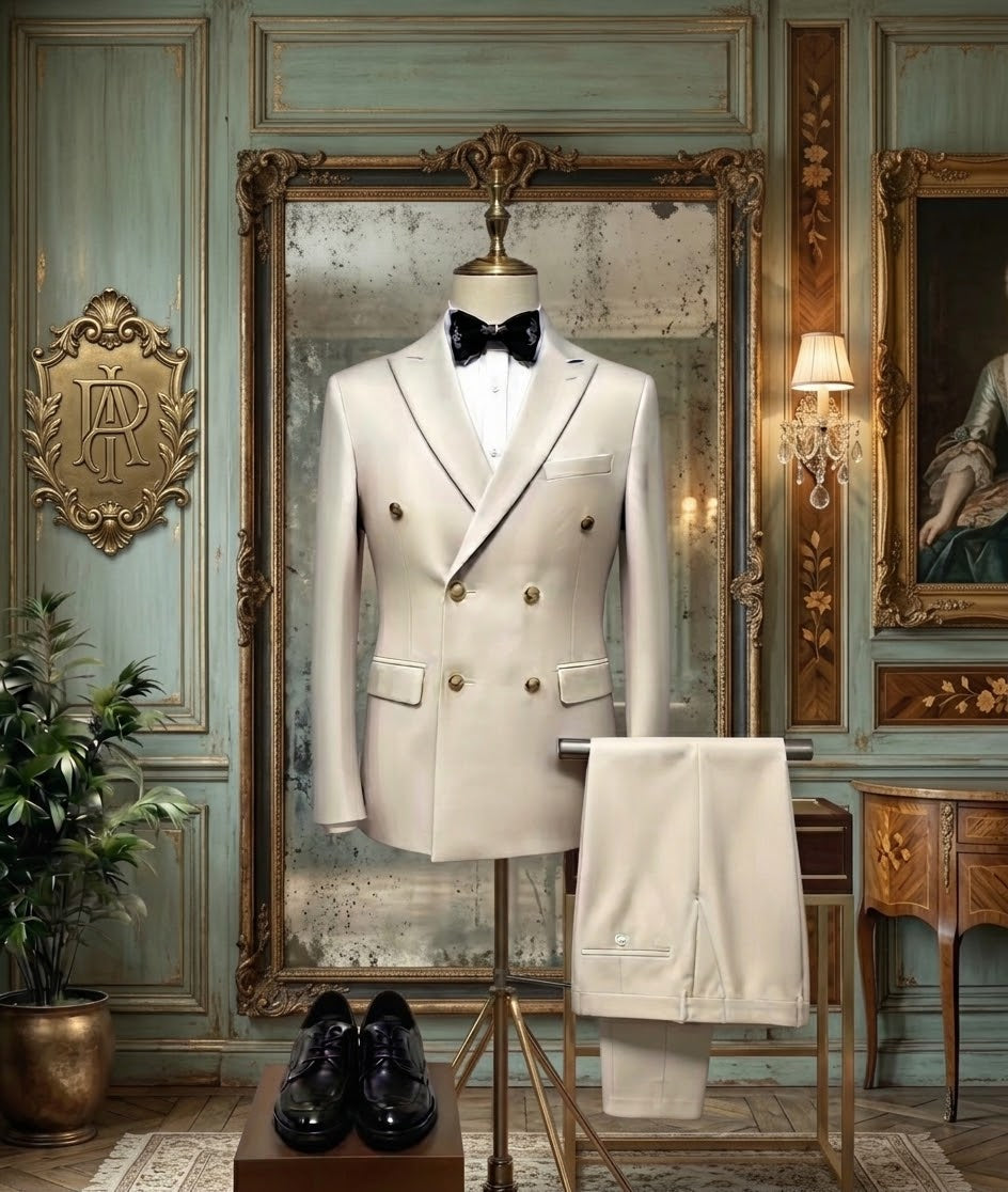 Ivory Double-Breasted Slim Fit 2-Piece Men's Suit