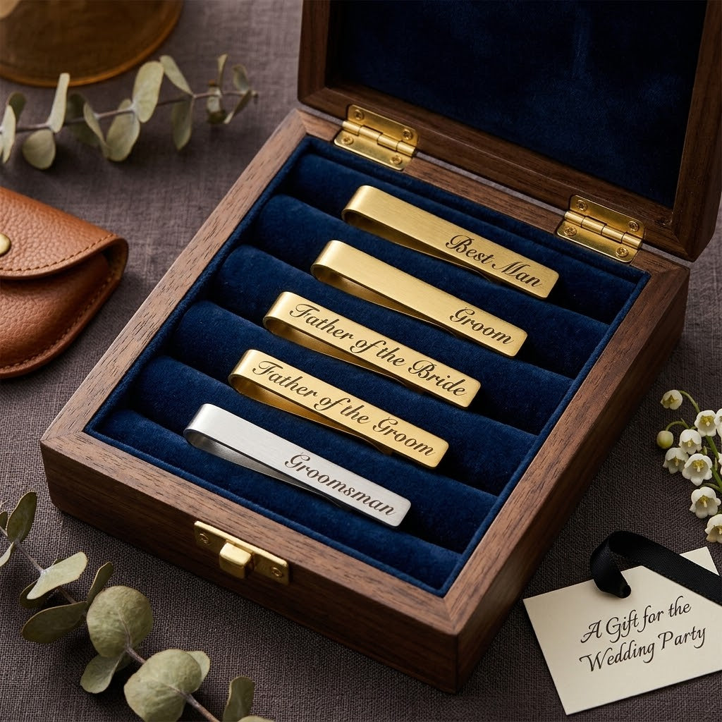 Custom Engraved Wedding Tie Clip Set