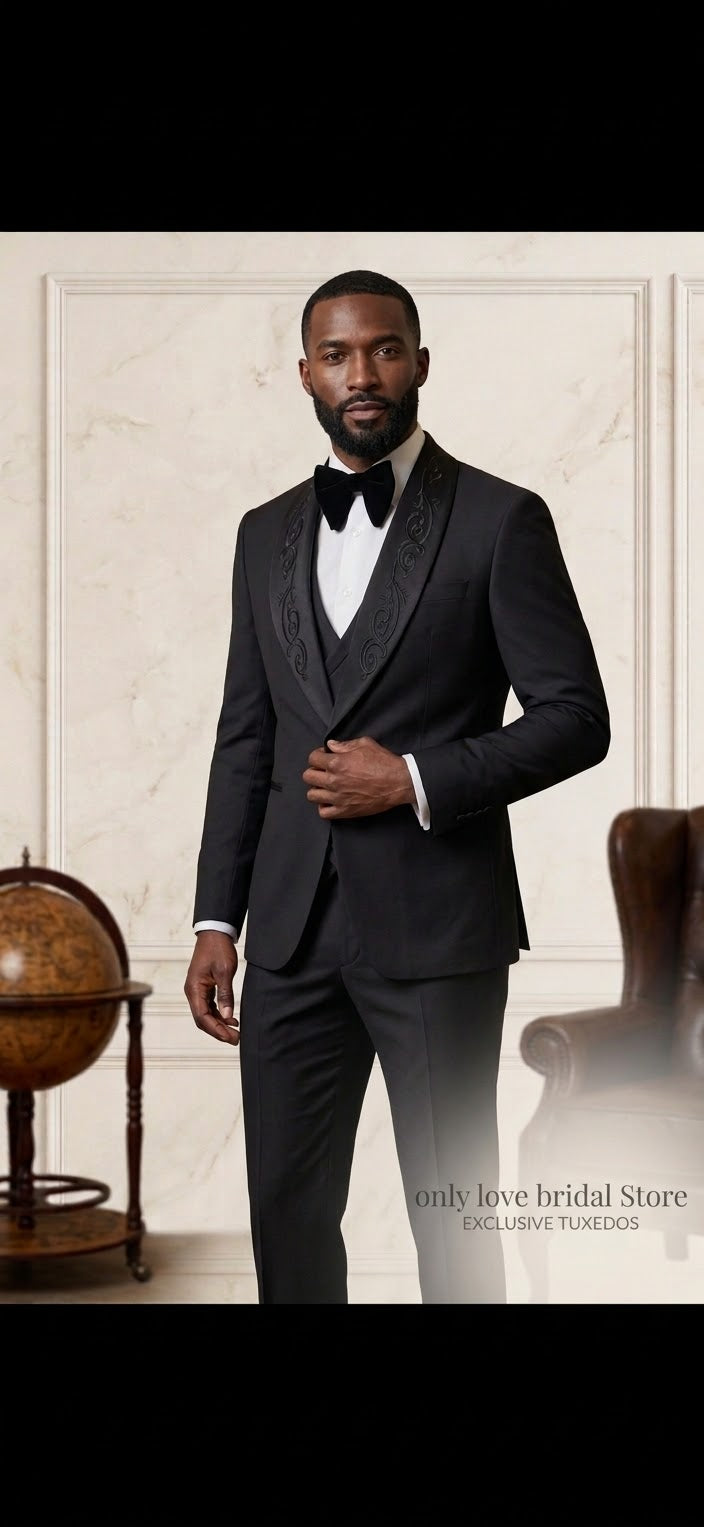 Classic Black 3-Piece Tuxedo with Embroidered Shawl Lapel – Slim Fit Groom Suit