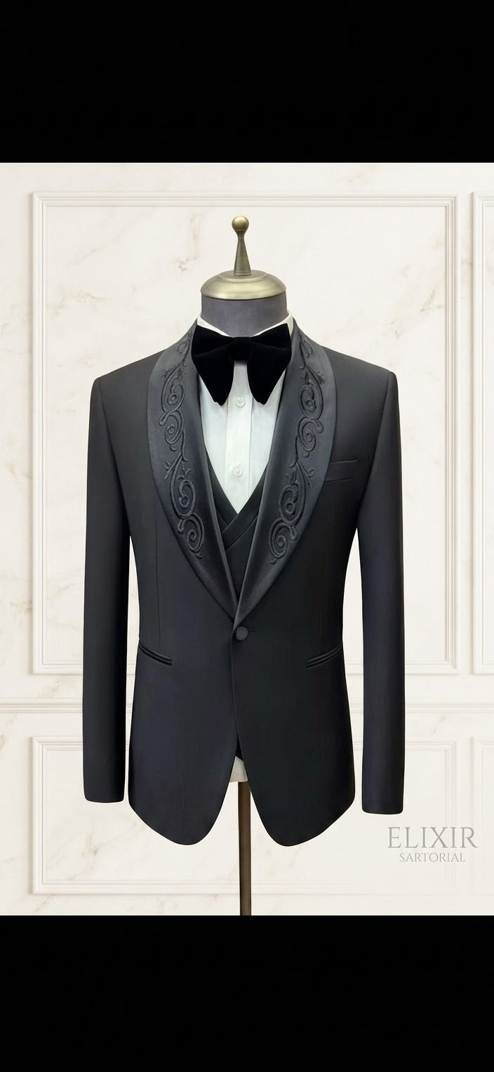 Classic Black 3-Piece Tuxedo with Embroidered Shawl Lapel – Slim Fit Groom Suit