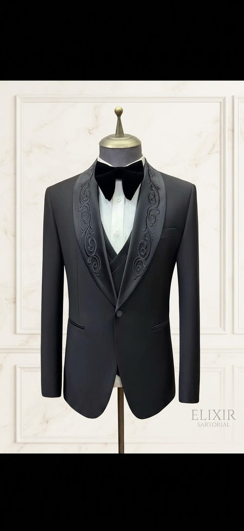 Classic Black 3-Piece Tuxedo with Embroidered Shawl Lapel – Slim Fit Groom Suit