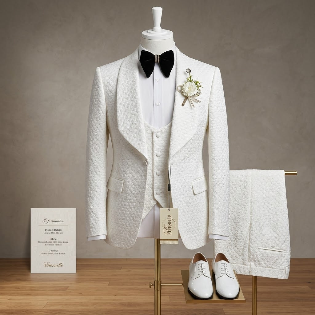 Men's Luxury Jacquard 3-Piece Tuxedo Set – Slim Fit Groom Wedding Suit in Ivory White