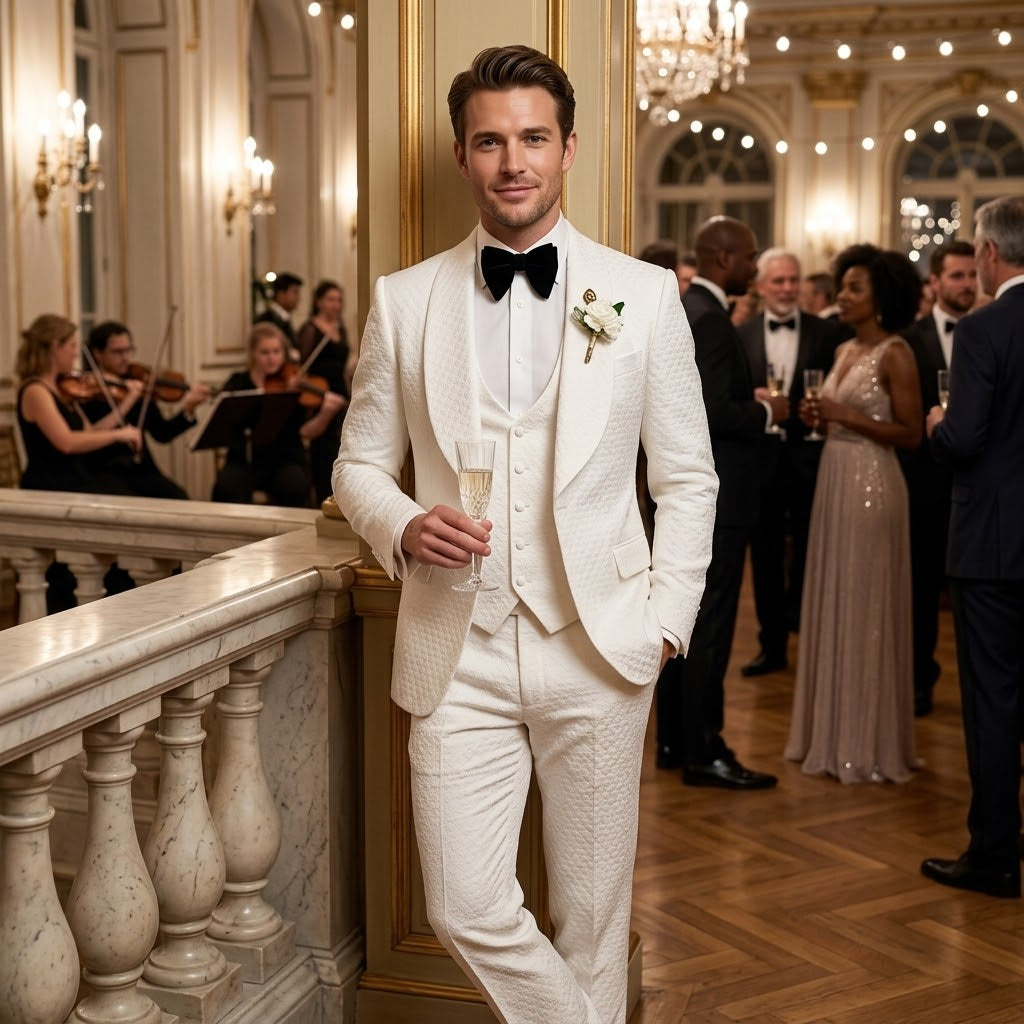 Men's Luxury Jacquard 3-Piece Tuxedo Set – Slim Fit Groom Wedding Suit in Ivory White