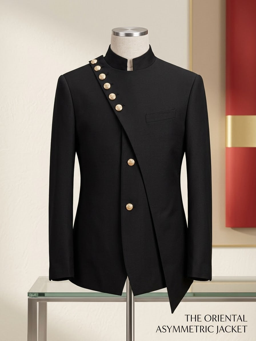 Royal Crown Asymmetric Mandarin Collar Blazer | Luxury Statement Suit