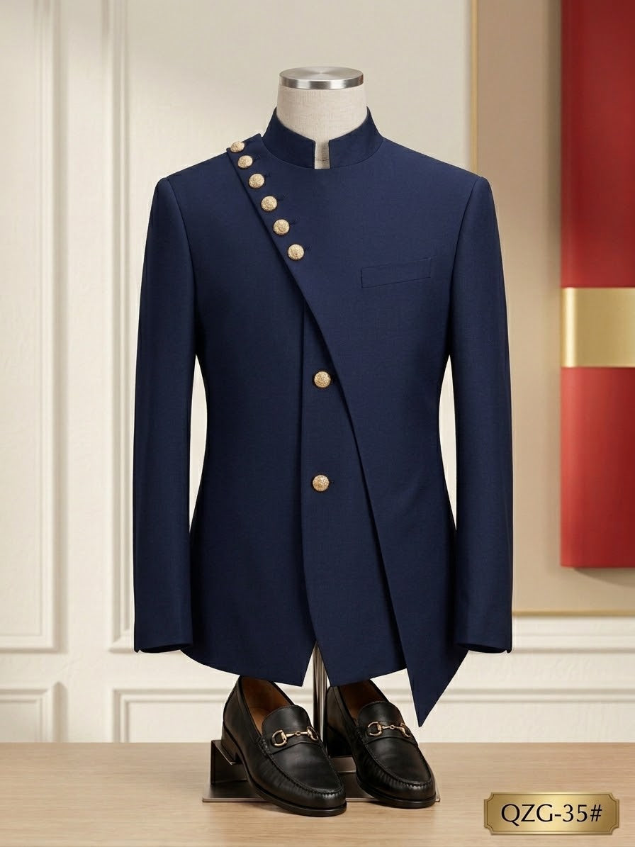 Royal Crown Asymmetric Mandarin Collar Blazer | Luxury Statement Suit