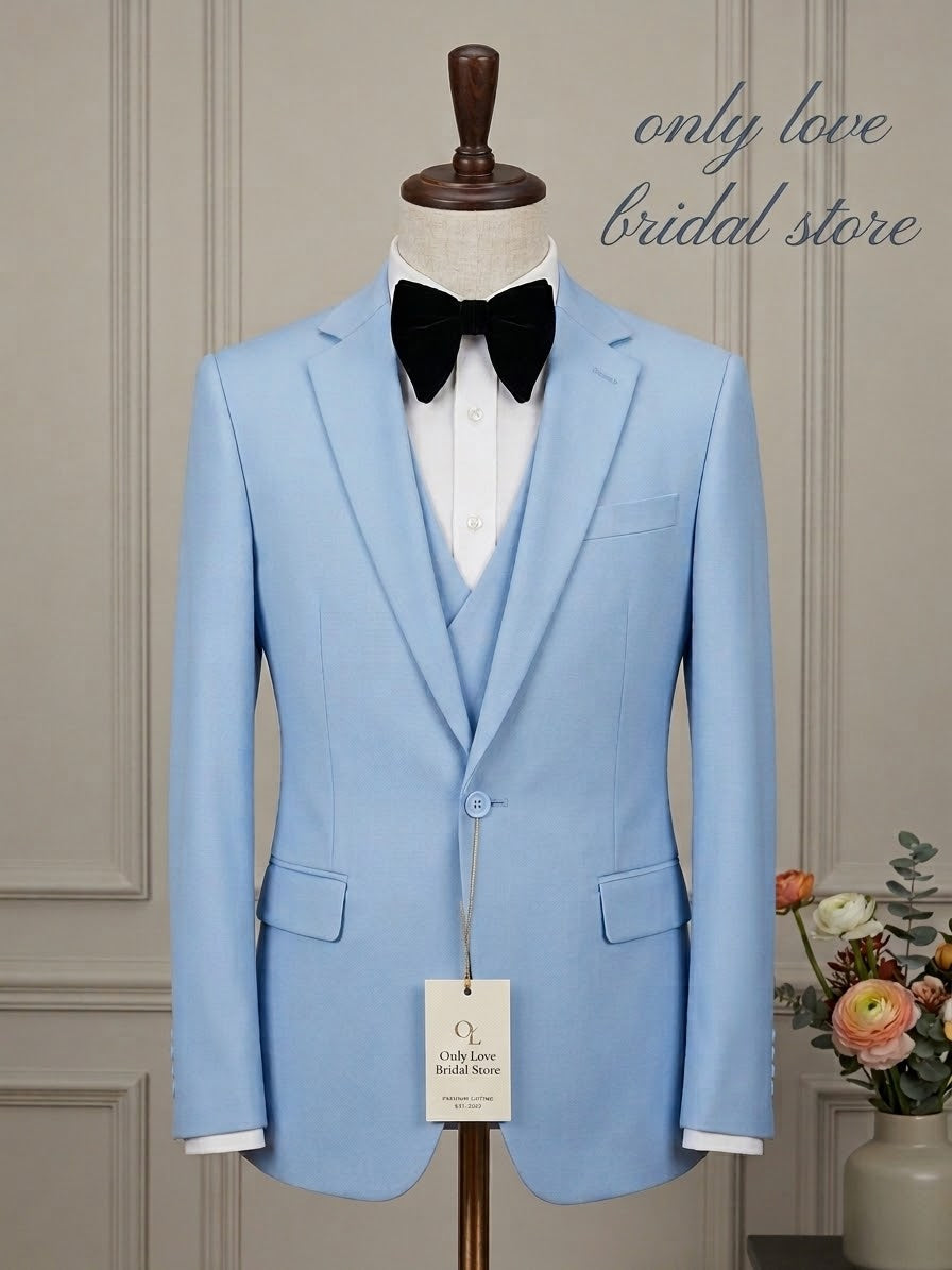 Sky Blue Modern Fit 3-Piece Tuxedo Suit for Groom & Wedding Prom