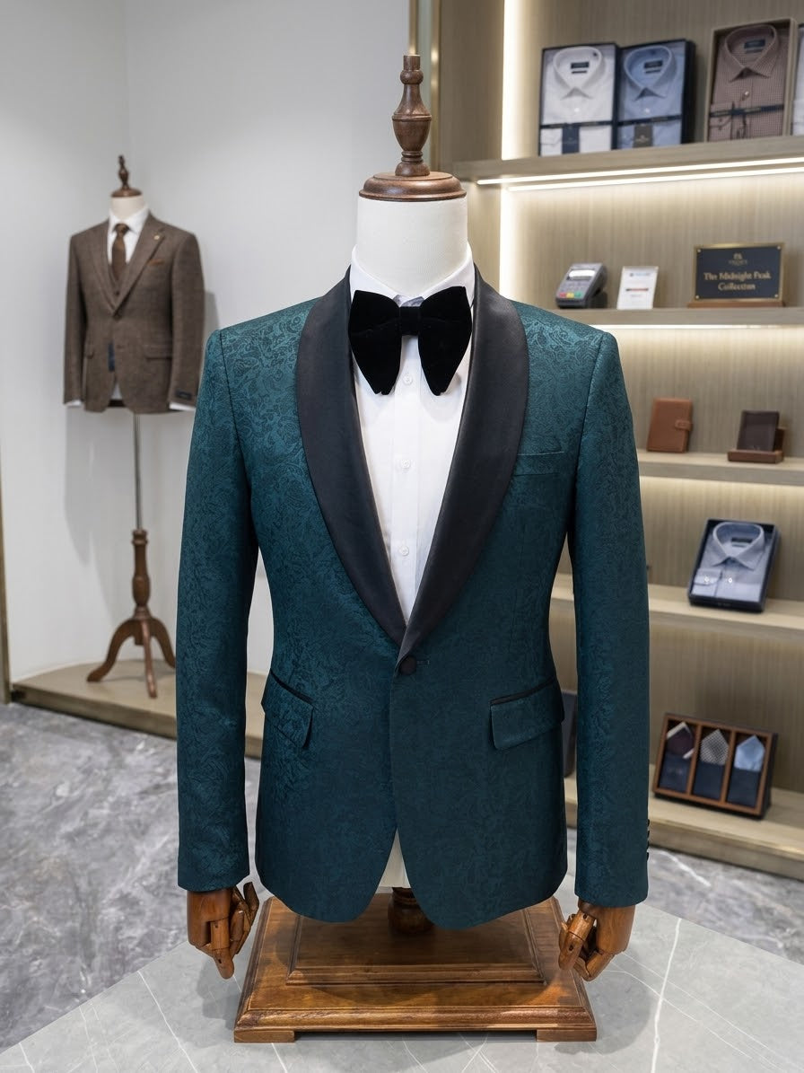 Classic Navy Paisley Jacquard Tuxedo with Satin Shawl Lapel