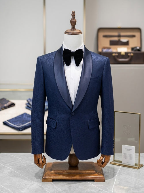 Classic Navy Paisley Jacquard Tuxedo with Satin Shawl Lapel
