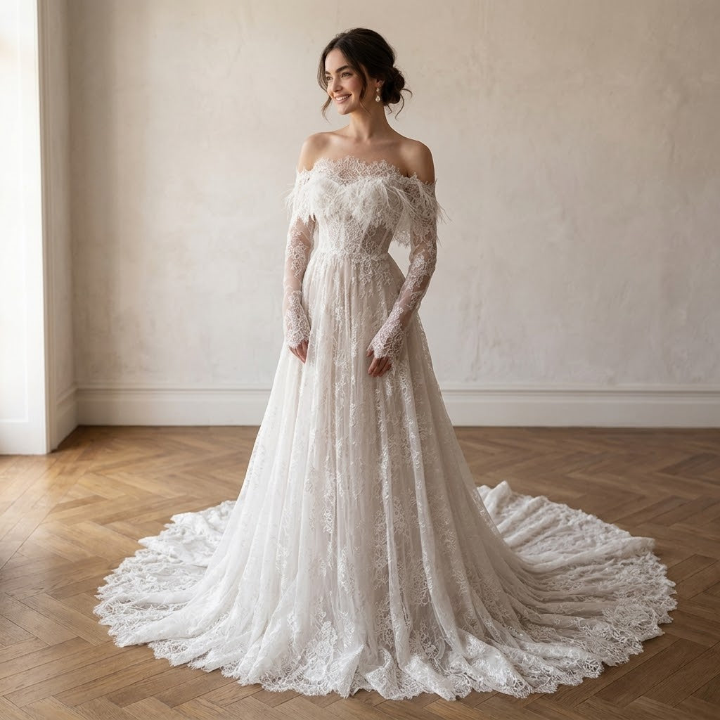 Off-The-Shoulder Lace Gown with Detail