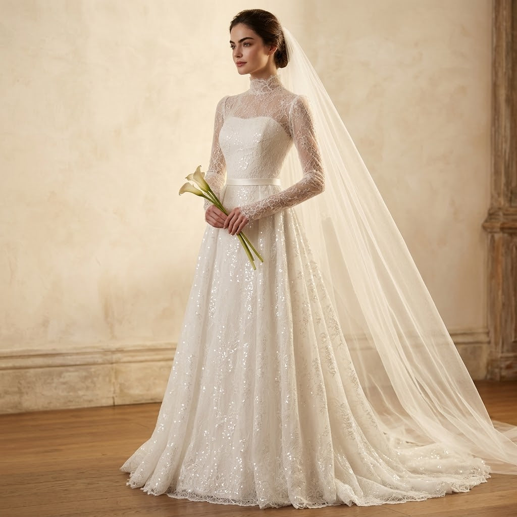 The A-line high collar and long sleeves wedding dress
