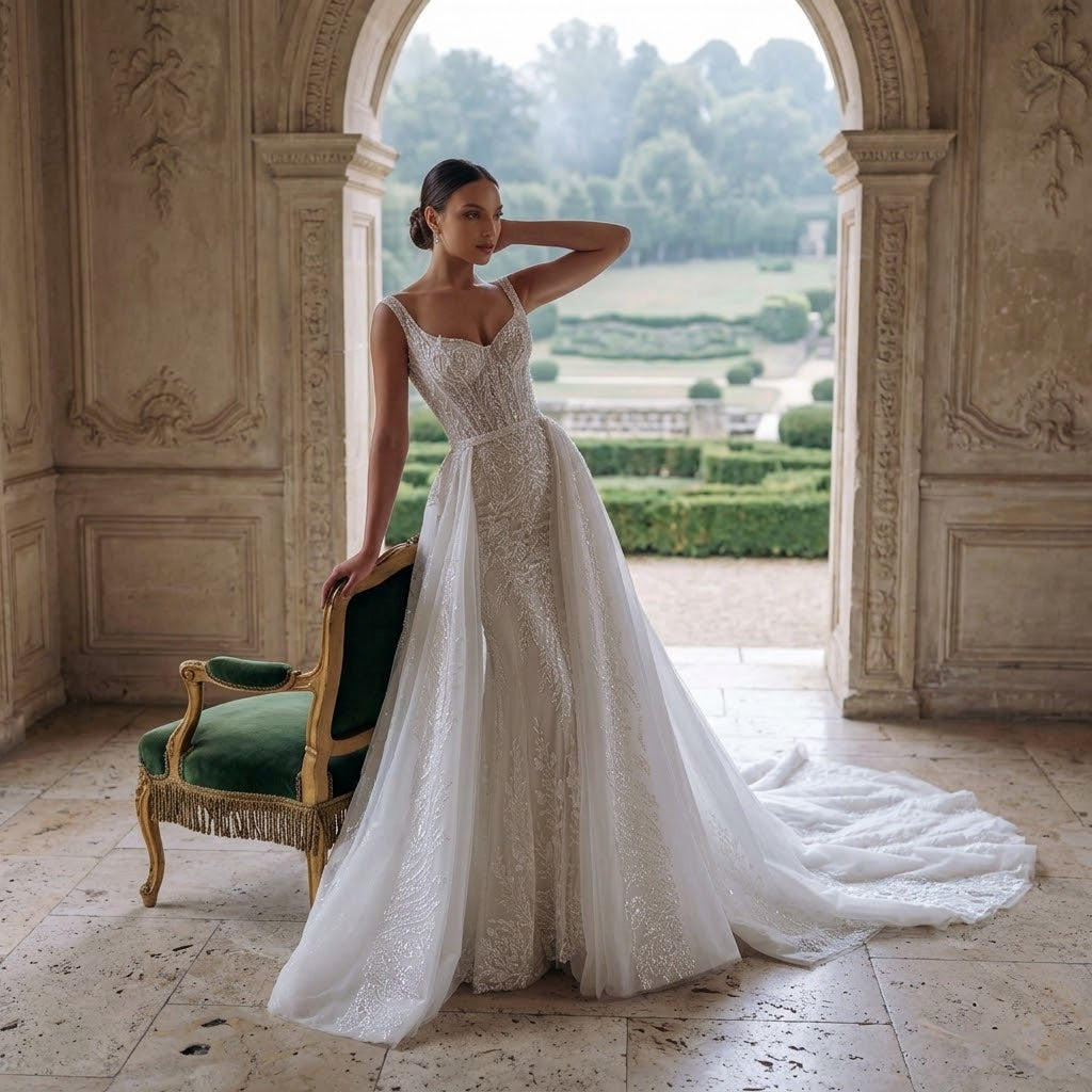 Luxury lace fishtail wedding dress (removable outer skirt) | One skirt, two wears, French romance