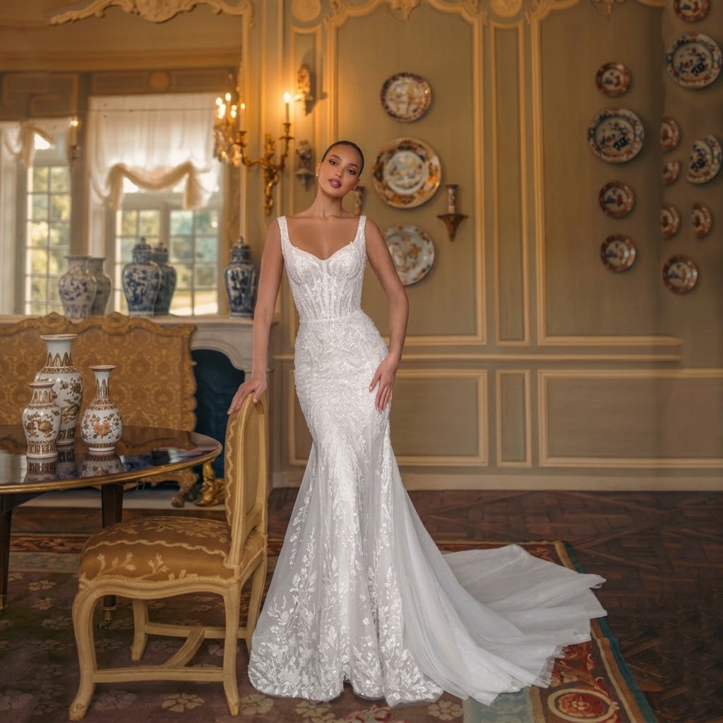 Luxury lace fishtail wedding dress (removable outer skirt) | One skirt, two wears, French romance