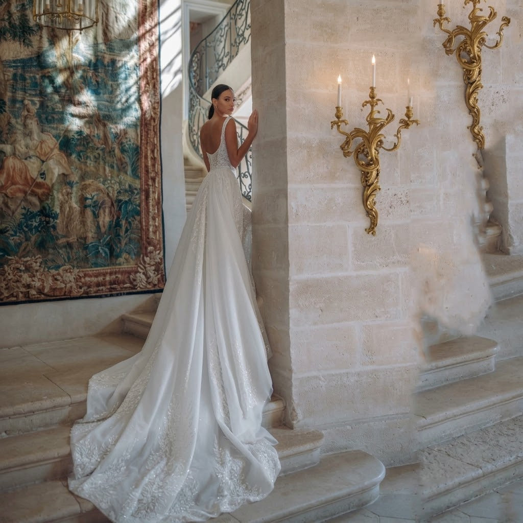 Luxury lace fishtail wedding dress (removable outer skirt) | One skirt, two wears, French romance