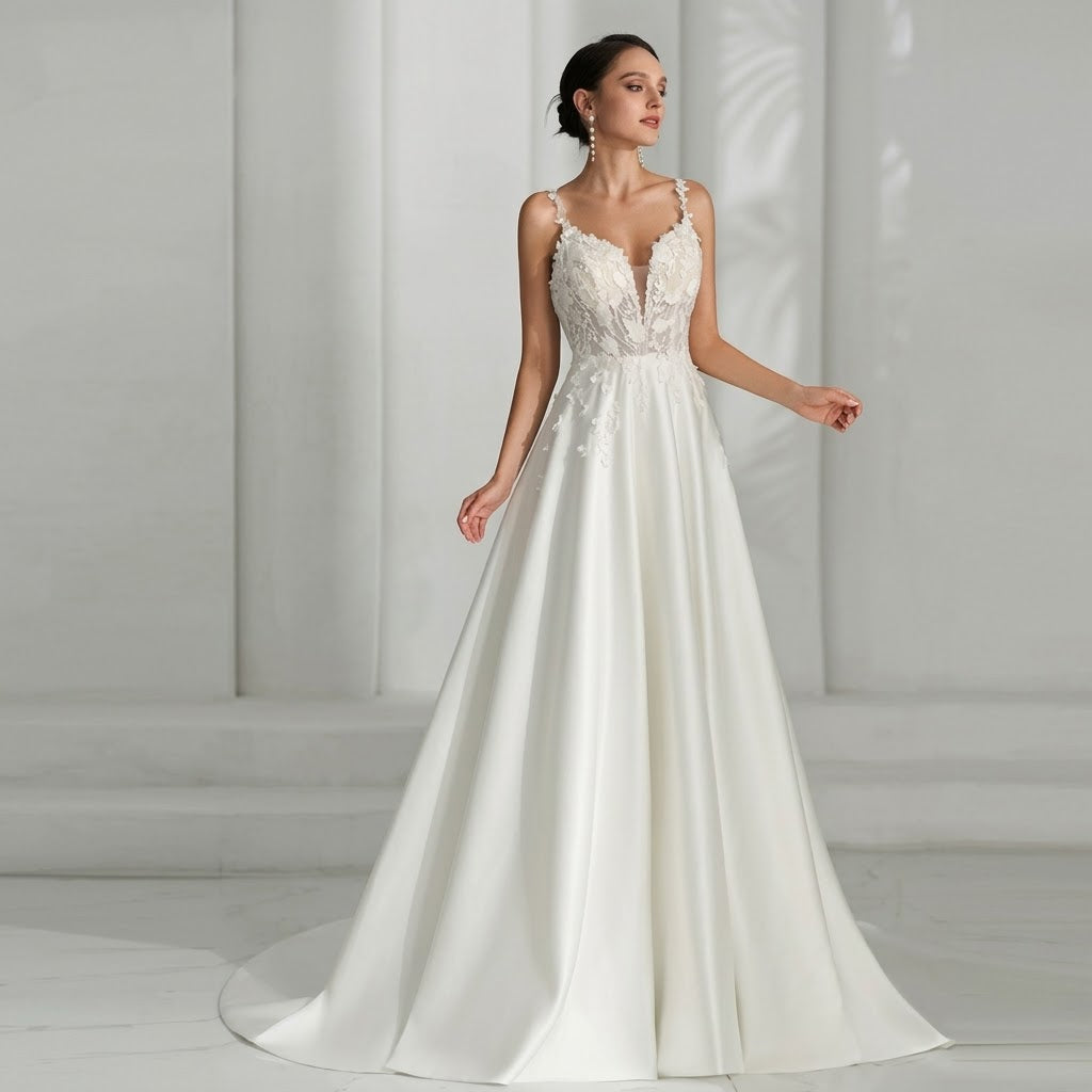 Deep V-Neck 3D Floral Lace & Satin Bridal Gown with Illusion Back