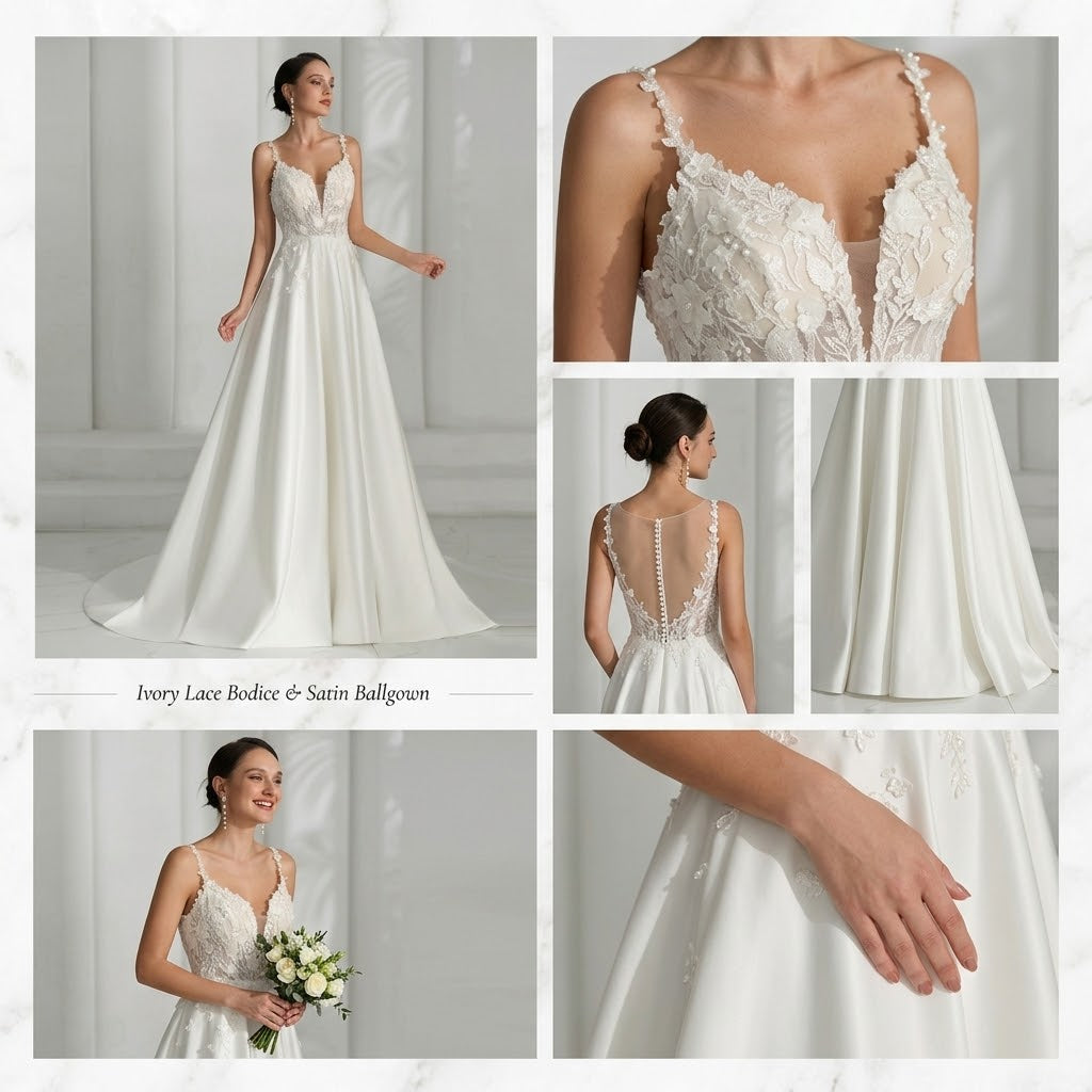 Deep V-Neck 3D Floral Lace & Satin Bridal Gown with Illusion Back