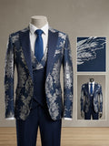 Men's Royal Navy & Silver Floral Jacquard 3-Piece Tuxedo Suit