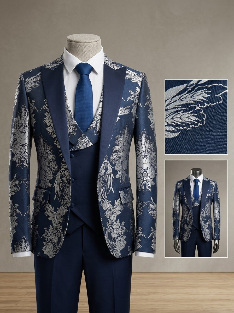Men's Royal Navy & Silver Floral Jacquard 3-Piece Tuxedo Suit
