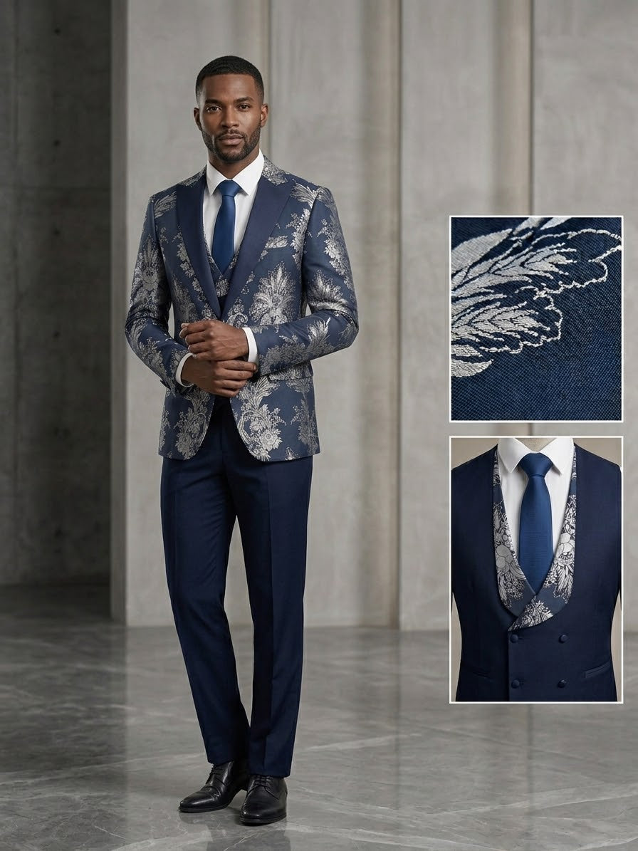 Men's Royal Navy & Silver Floral Jacquard 3-Piece Tuxedo Suit