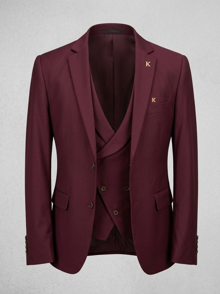 Men's Burgundy Slim Fit 3-Piece Suit