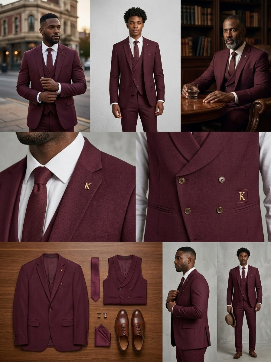 Men's Burgundy Slim Fit 3-Piece Suit