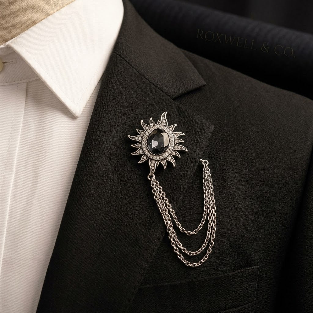 Vintage Crest & Chain Lapel Pin | Men's Suit Brooch & Formalwear Accessory