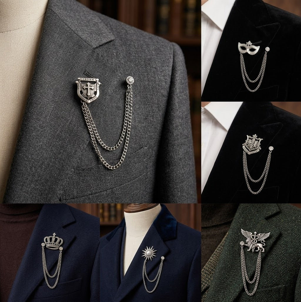Vintage Crest & Chain Lapel Pin | Men's Suit Brooch & Formalwear Accessory