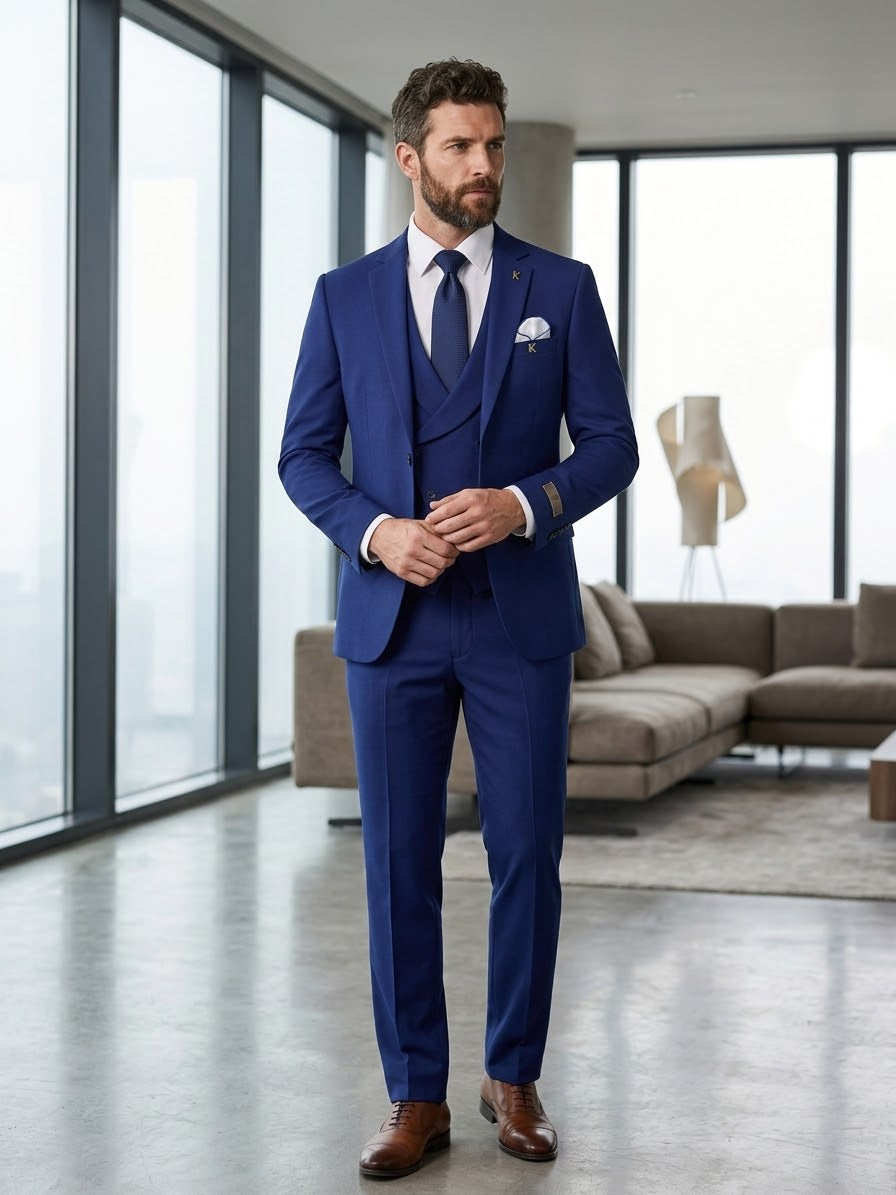 Classic Royal Blue 3-Piece Slim Fit Suit for Men | Double-Breasted Vest