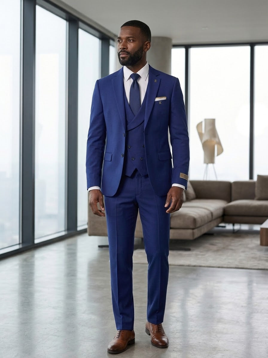 Classic Royal Blue 3-Piece Slim Fit Suit for Men | Double-Breasted Vest