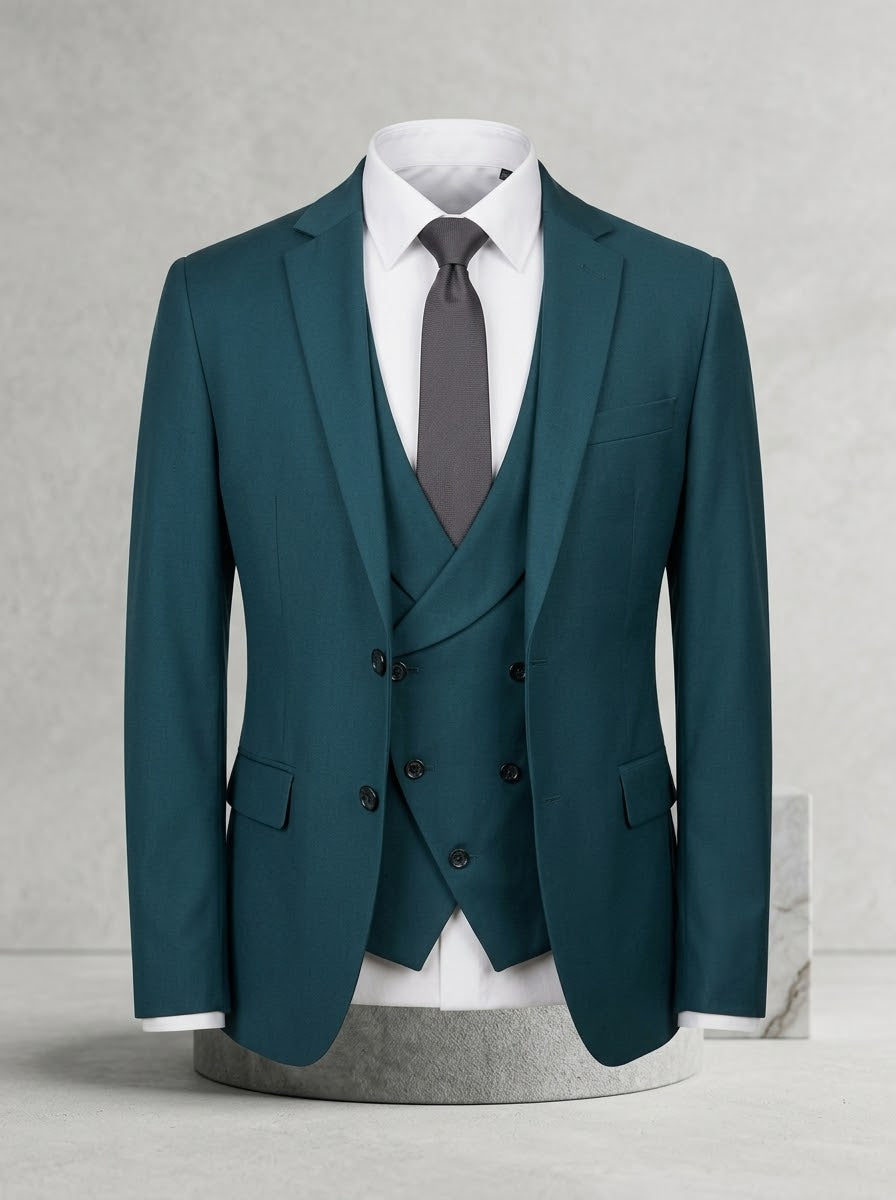 Slim Fit 3-Piece Teal Suit with Crossover Vest