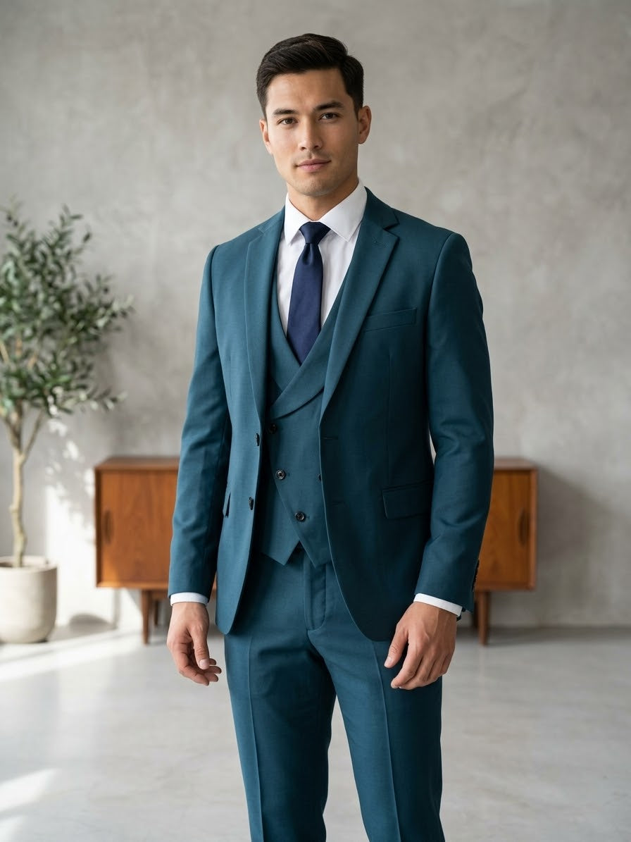 Slim Fit 3-Piece Teal Suit with Crossover Vest