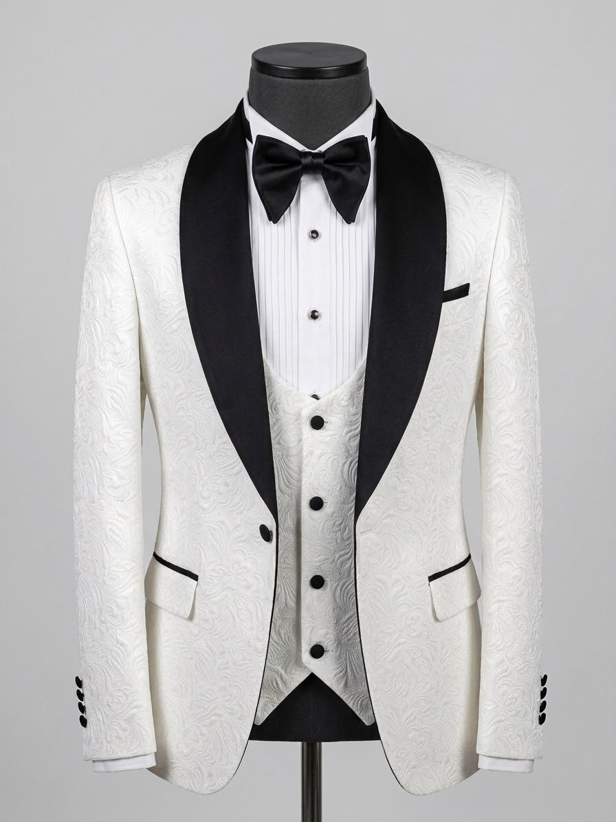 Men's Ivory Floral Jacquard Tuxedo Suit – 3-Piece Slim Fit Shawl Lapel Wedding Tuxedo