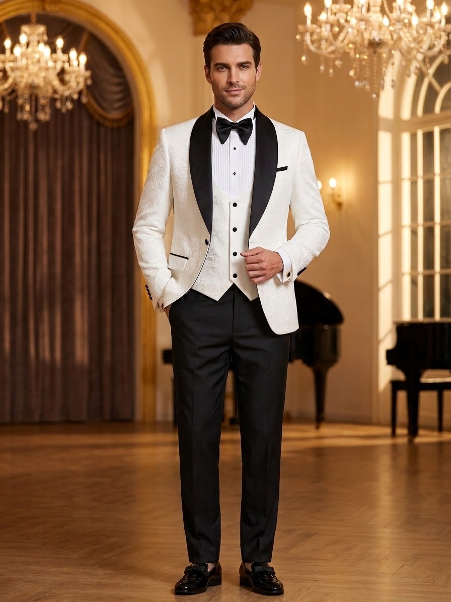 Men's Ivory Floral Jacquard Tuxedo Suit – 3-Piece Slim Fit Shawl Lapel Wedding Tuxedo