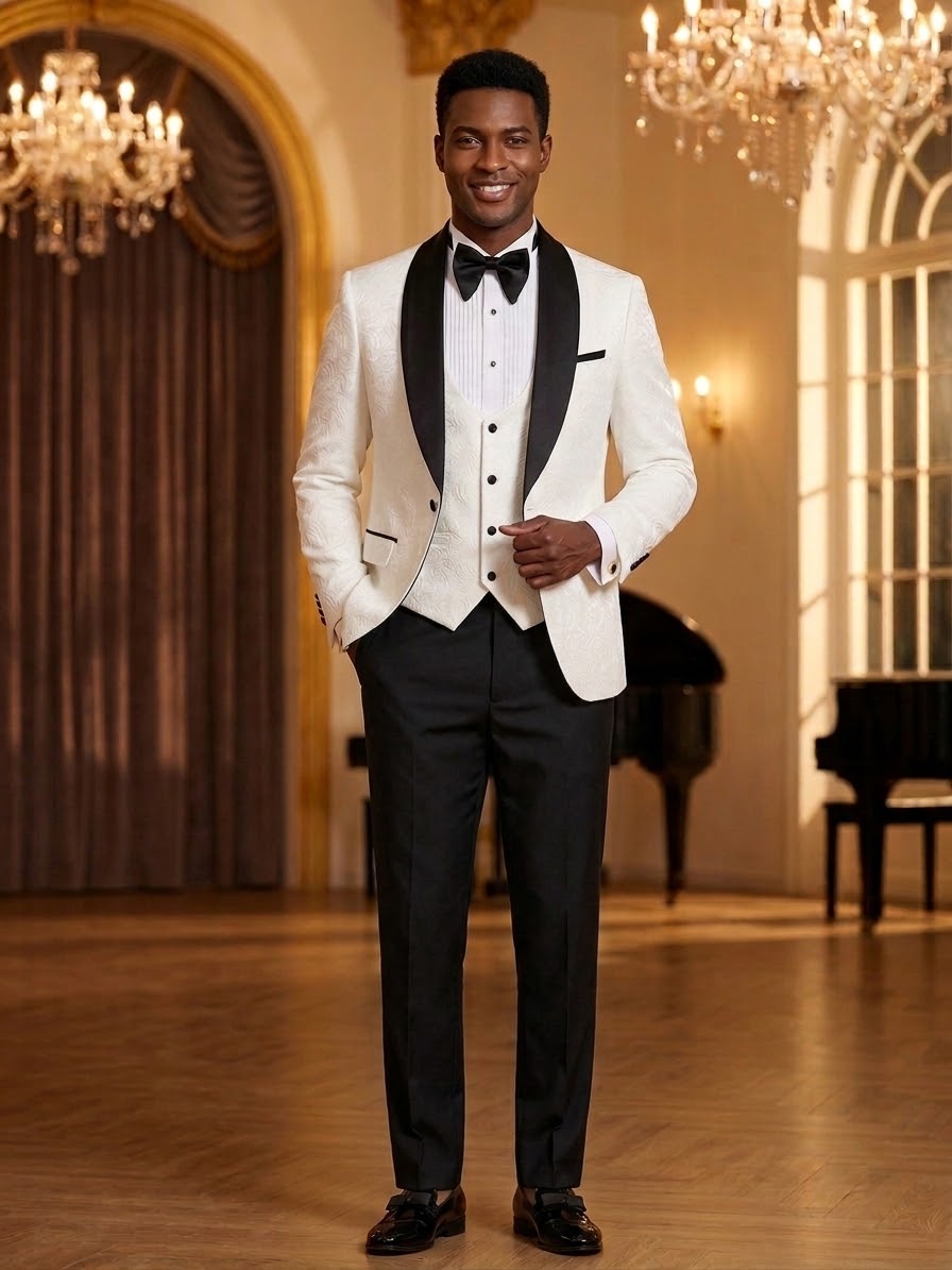 Men's Ivory Floral Jacquard Tuxedo Suit – 3-Piece Slim Fit Shawl Lapel Wedding Tuxedo